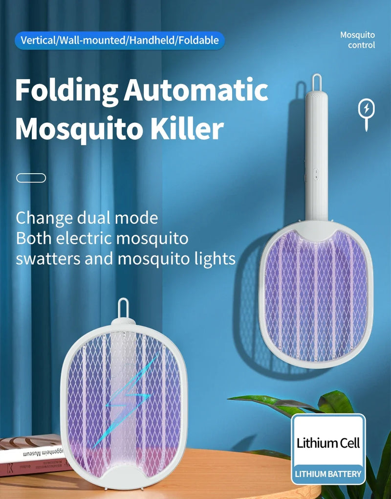 Foldable Electric Mosquito Swatter USB Rechargeable Fly Trap Killer Mosquito Racket Insect Killer with UV Light Bug Zapper 3000V