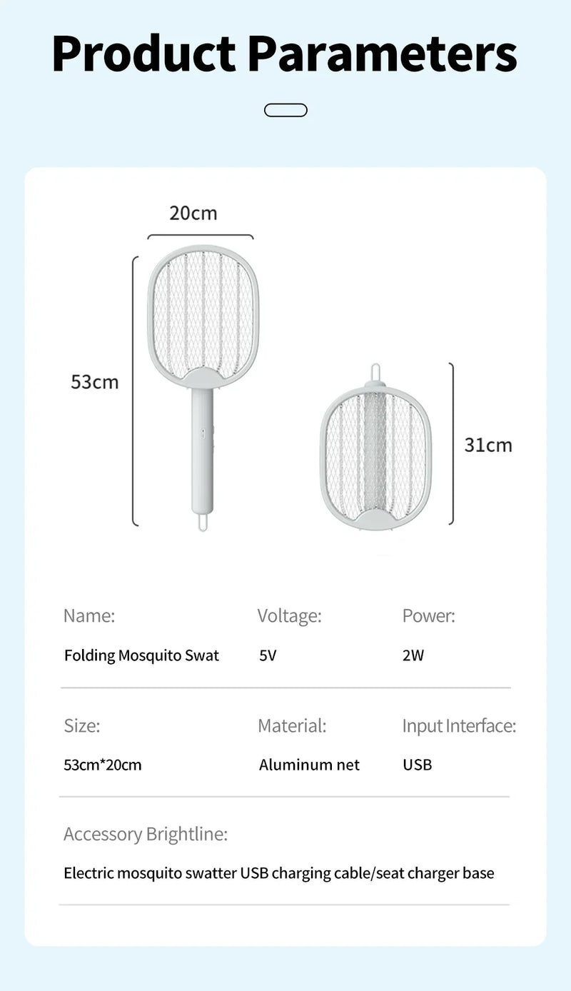 Foldable Electric Mosquito Swatter USB Rechargeable Fly Trap Killer Mosquito Racket Insect Killer with UV Light Bug Zapper 3000V