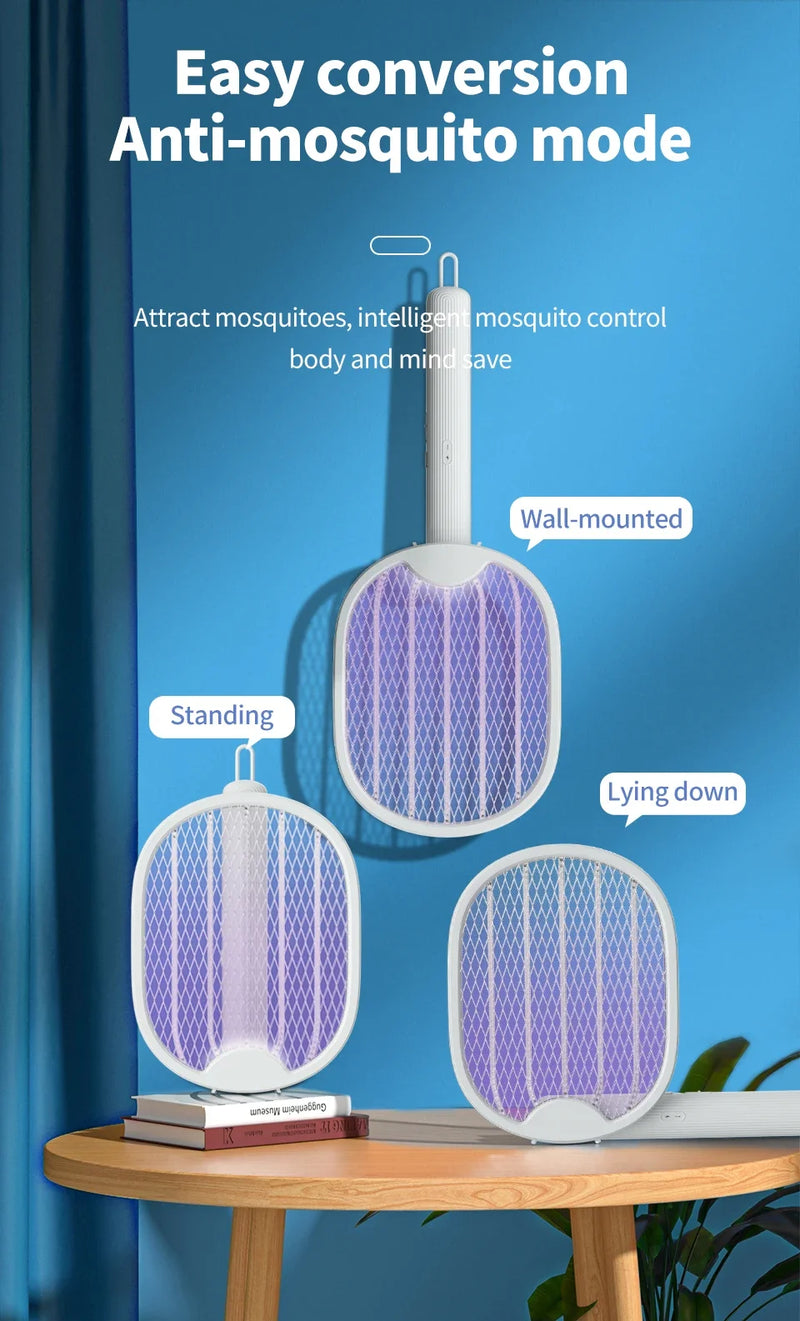 Foldable Electric Mosquito Swatter USB Rechargeable Fly Trap Killer Mosquito Racket Insect Killer with UV Light Bug Zapper 3000V