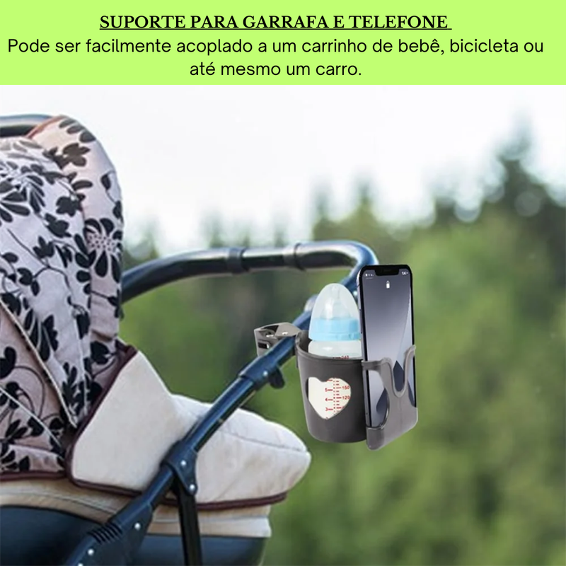 Suporte para Carregar Celular e Mamadeira/Garrafa no Carrinho de Bebê.